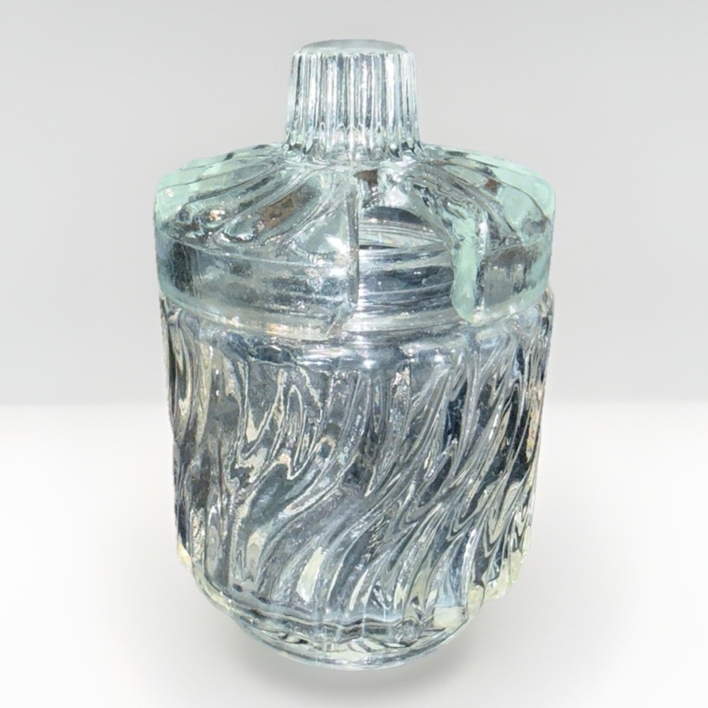 Vintage Clear Pressed Glass Swirl Pattern Mustard Jam Jar with Notched Lid